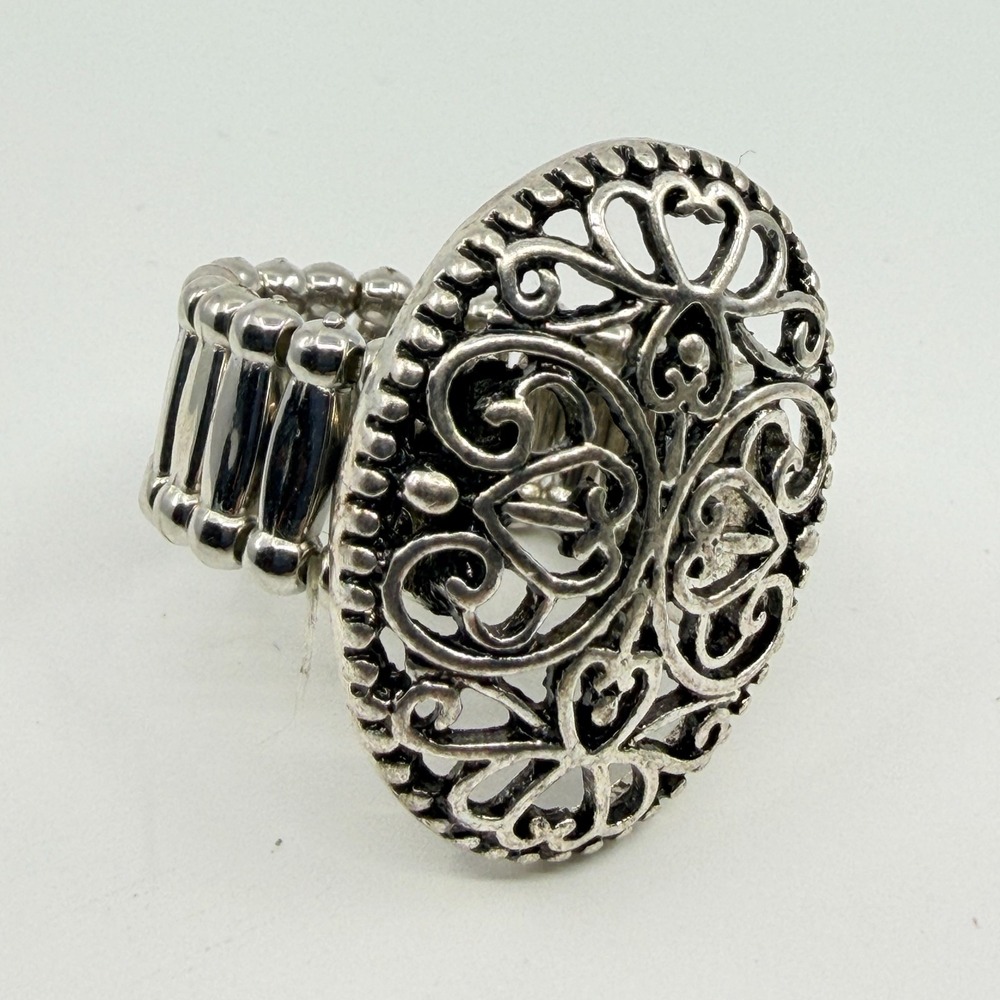 Vintage Boho Silver Filigree Oval Cutout Stretch Band Statement Ring